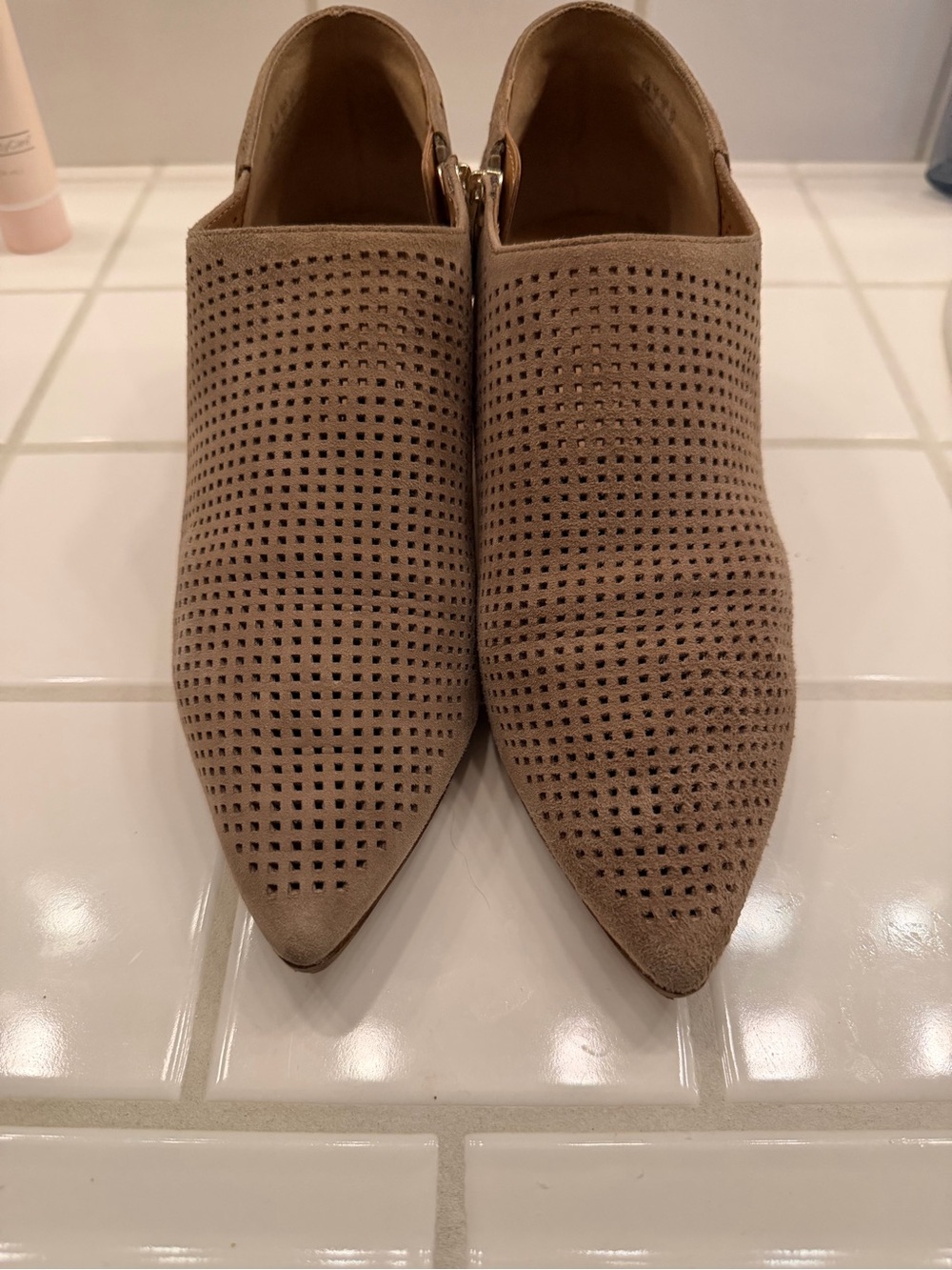 Franco Sarto Taupe Perforated Pointed-Toe Ankle Booties